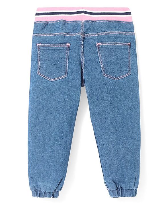 Babyhug Denim Full Length Joggers with Bow Applique - Dark Blue