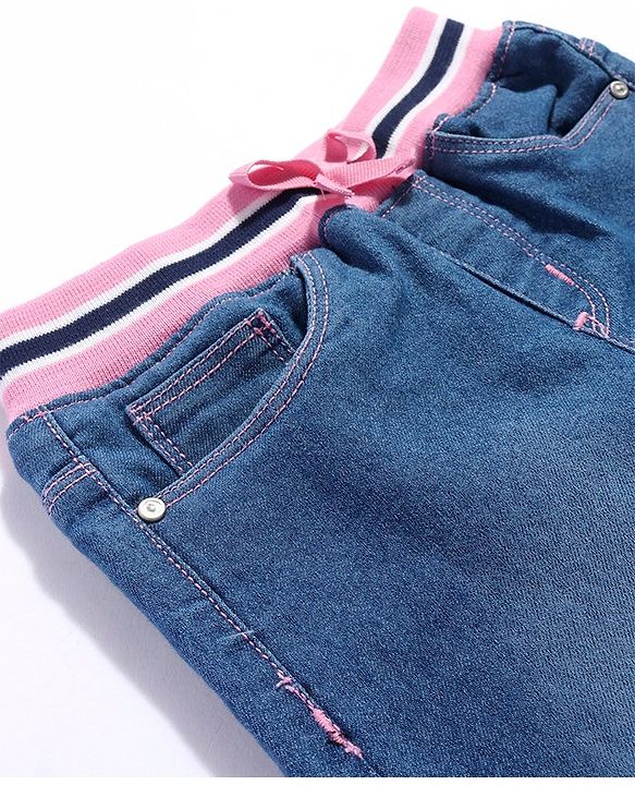 Babyhug Denim Full Length Joggers with Bow Applique - Dark Blue