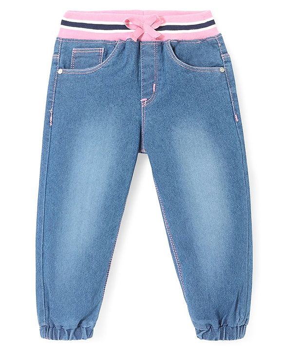Babyhug Denim Full Length Joggers with Bow Applique - Dark Blue