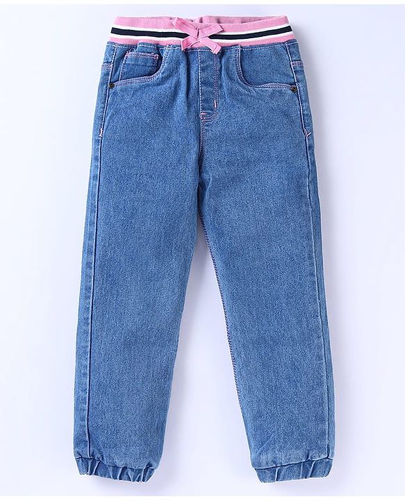 Babyhug Denim Full Length Joggers with Bow Applique - Dark Blue