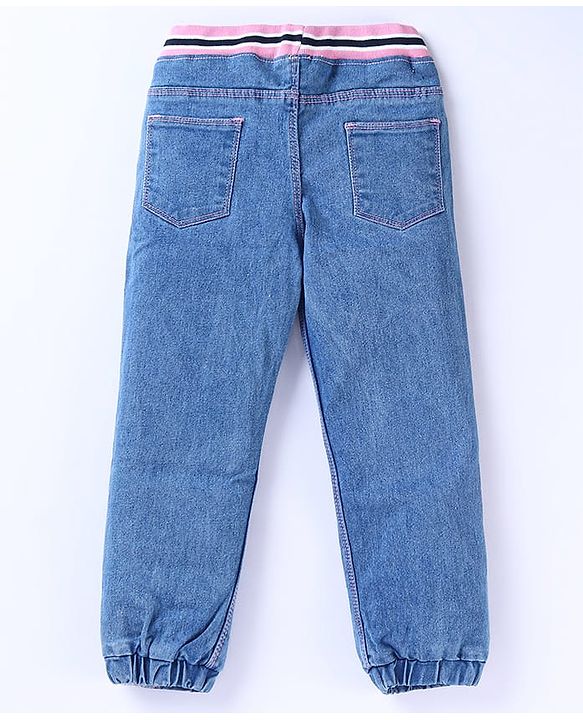 Babyhug Denim Full Length Joggers with Bow Applique - Dark Blue