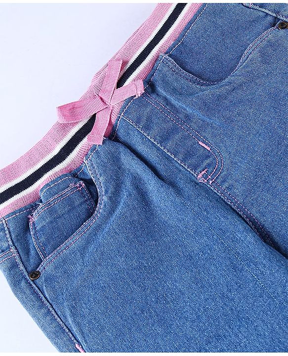 Babyhug Denim Full Length Joggers with Bow Applique - Dark Blue