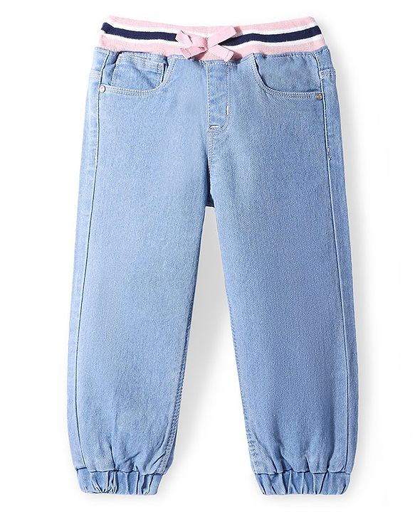 Babyhug Denim Full Length Joggers with Bow Applique - Dark Blue