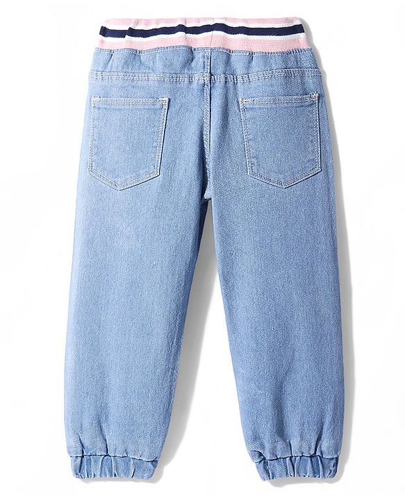 Babyhug Denim Full Length Joggers with Bow Applique - Dark Blue