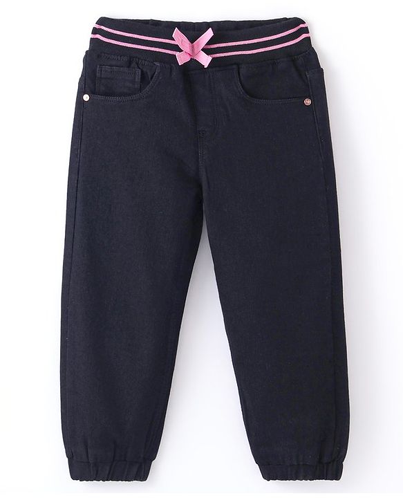 Babyhug Denim Full Length Joggers with Bow Applique - Dark Blue