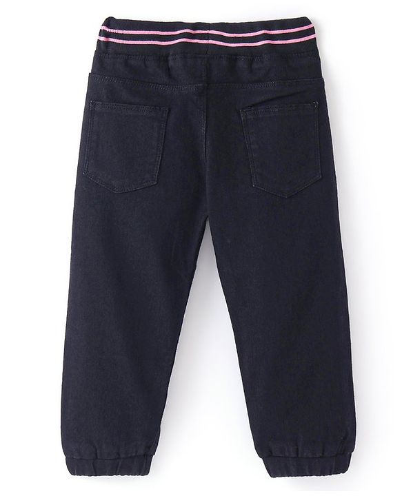 Babyhug Denim Full Length Joggers with Bow Applique - Dark Blue