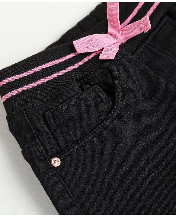 Babyhug Denim Full Length Joggers with Bow Applique - Dark Blue