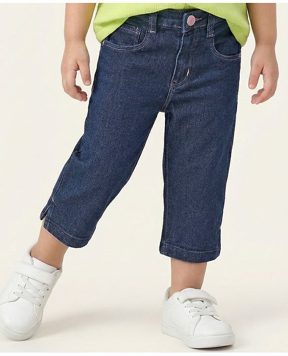 Babyhug Cotton Spandex Capri Length Stretchable Solid Jeans - Dark Blue