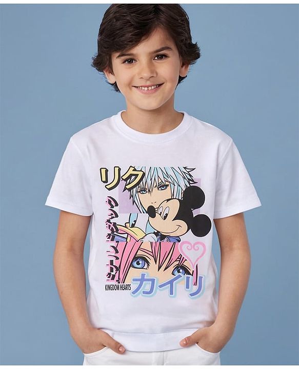 Pine Kids Disney Cotton Knit Half Sleeves T-Shirt With Mickey Mouse Graphics -White