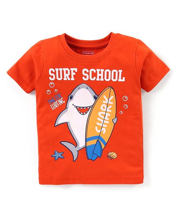 Babyhug Cotton Knit Half Sleeves Surfing Shark Print Night Suit - Red