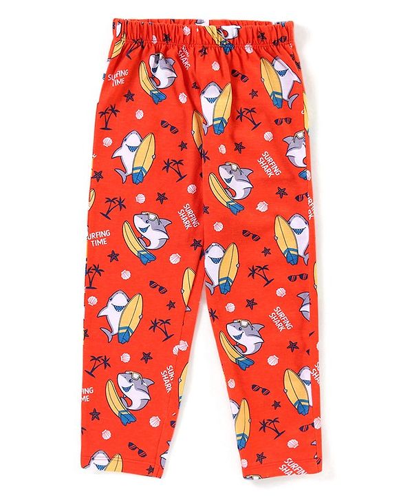 Babyhug Cotton Knit Half Sleeves Surfing Shark Print Night Suit - Red