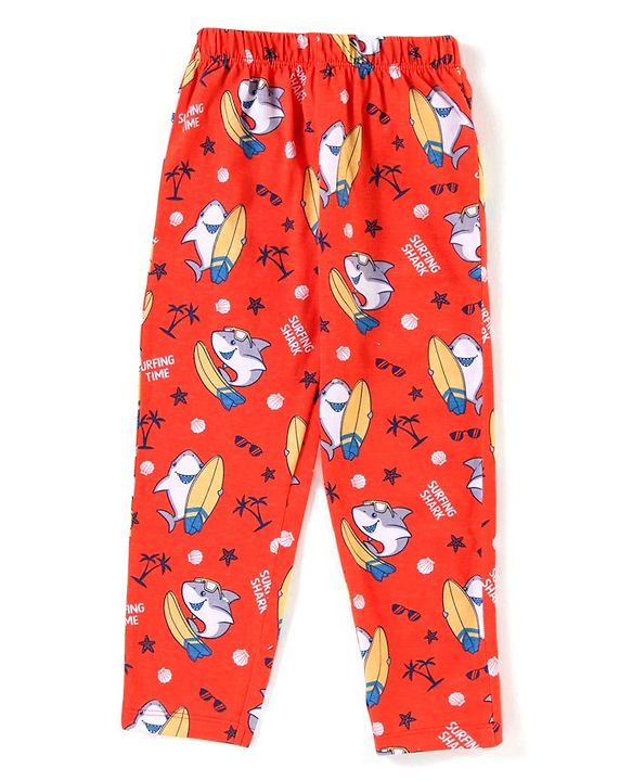 Babyhug Cotton Knit Half Sleeves Surfing Shark Print Night Suit - Red