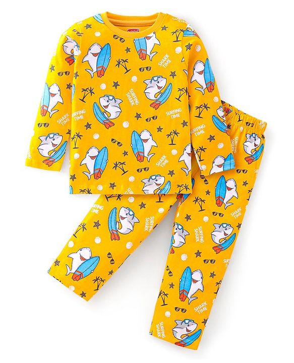 Babyhug Cotton Knit Full Sleeves Night Suit with Dolphin Printed- Yellow