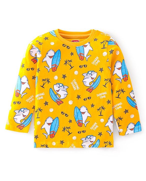 Babyhug Cotton Knit Full Sleeves Night Suit with Dolphin Printed- Yellow
