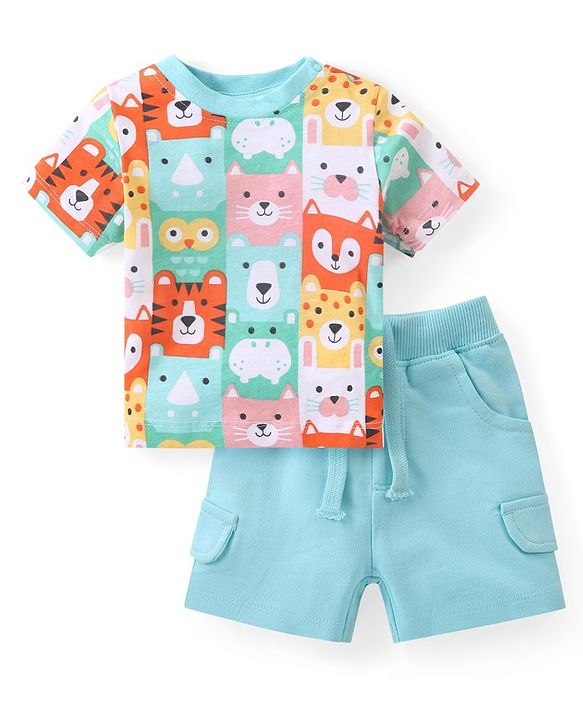 Babyhug Cotton Knit Half Sleeves T-Shirt & Shorts Set With Animal Print - Blue