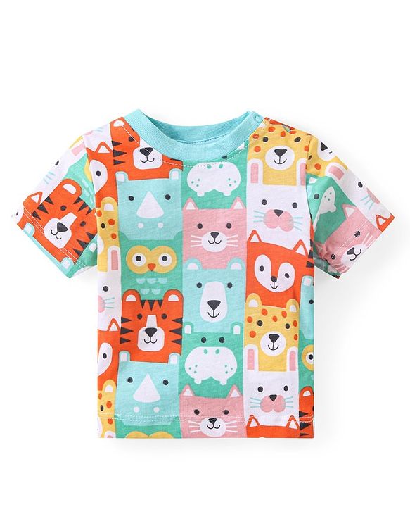 Babyhug Cotton Knit Half Sleeves T-Shirt & Shorts Set With Animal Print - Blue
