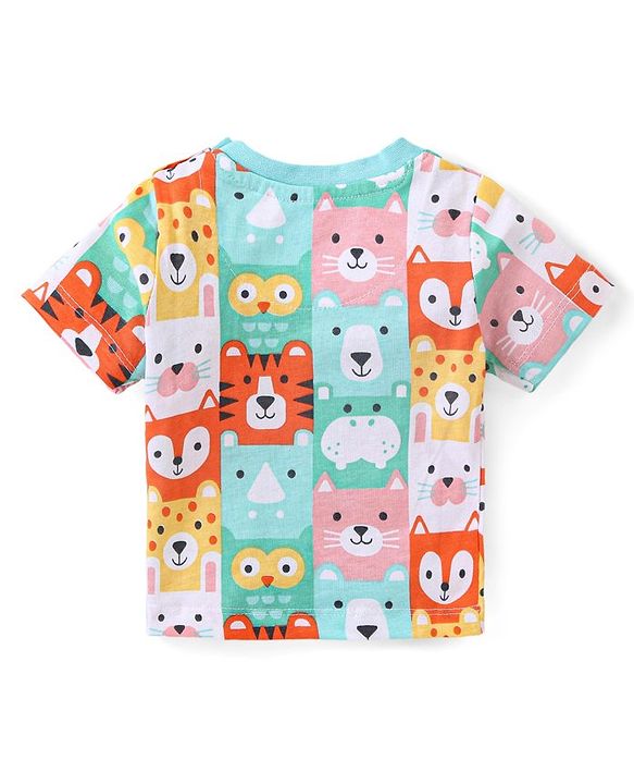 Babyhug Cotton Knit Half Sleeves T-Shirt & Shorts Set With Animal Print - Blue
