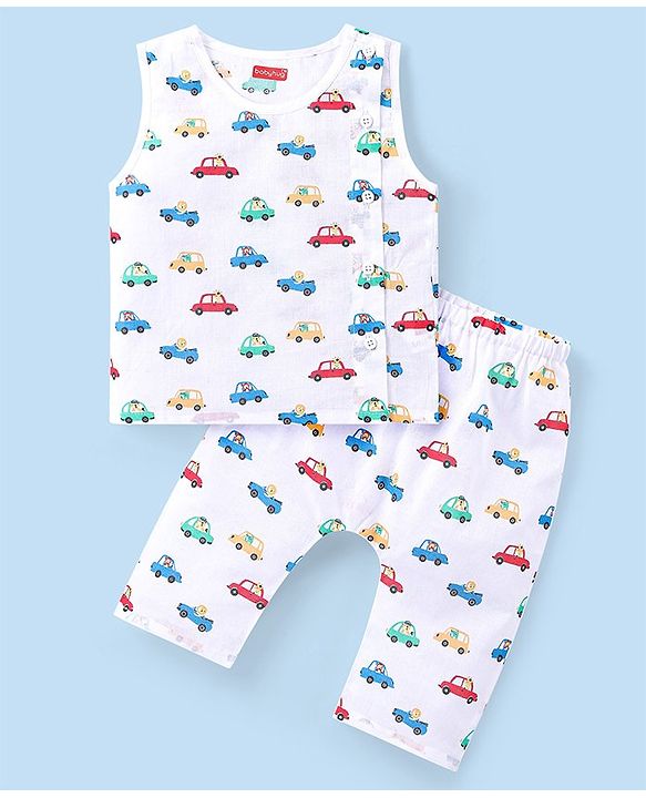 Babyhug 100% Cotton Sleeveless Jhabla and Pyjama Set Car Print - White