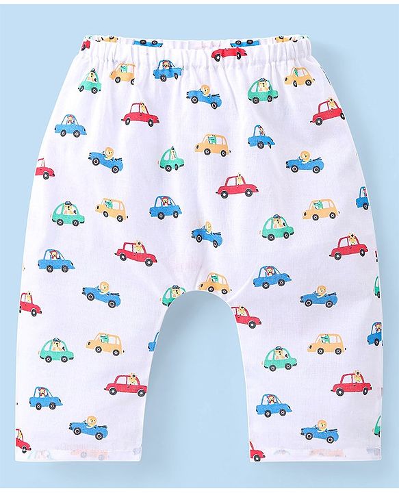 Babyhug 100% Cotton Sleeveless Jhabla and Pyjama Set Car Print - White