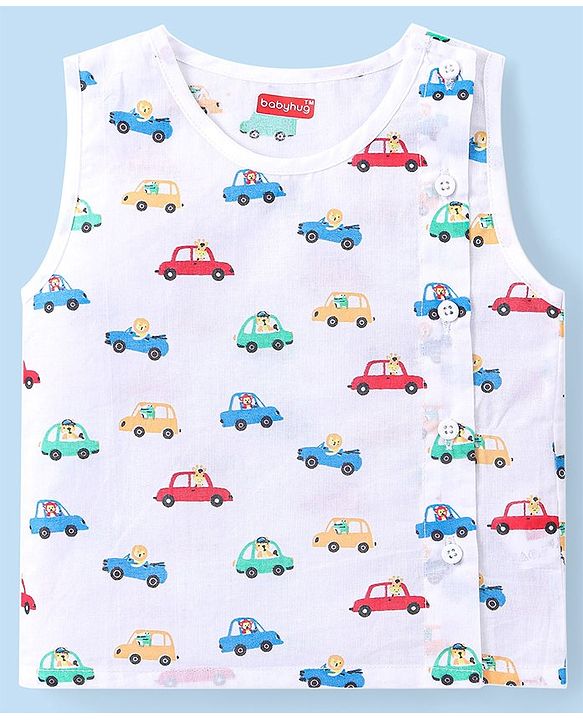 Babyhug 100% Cotton Sleeveless Jhabla and Pyjama Set Car Print - White
