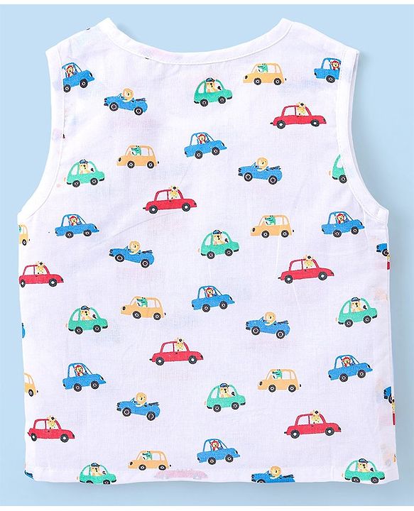 Babyhug 100% Cotton Sleeveless Jhabla and Pyjama Set Car Print - White