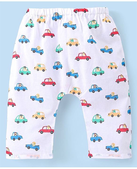 Babyhug 100% Cotton Sleeveless Jhabla and Pyjama Set Car Print - White