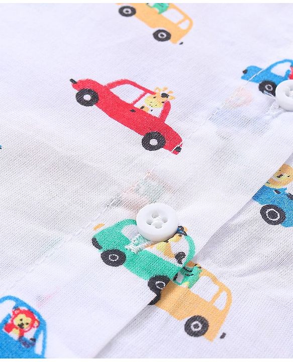Babyhug 100% Cotton Sleeveless Jhabla and Pyjama Set Car Print - White