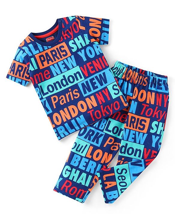 Babyhug Cotton Knit Half Sleeves Text Printed Night Suit - Multicolour