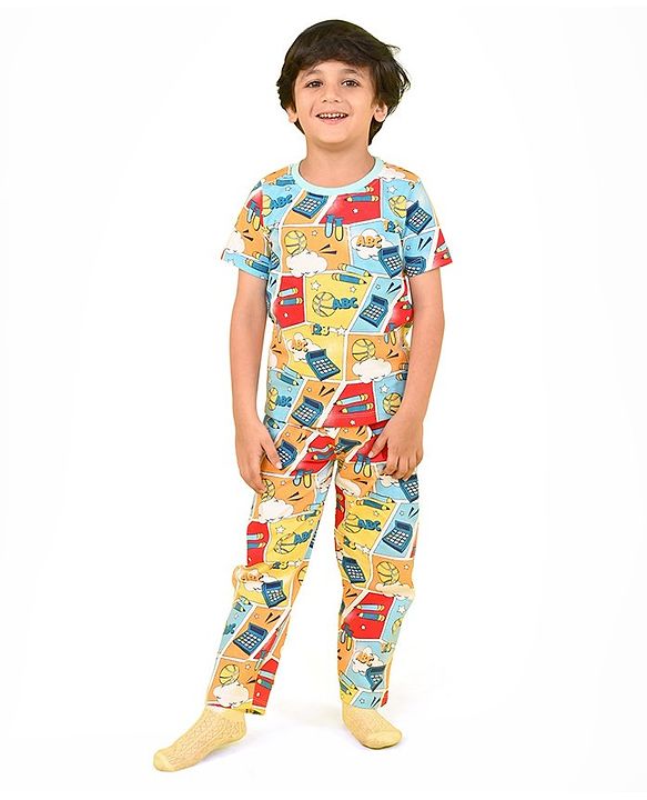 Babyhug Cotton Knit Half Sleeves School Supplies Print Night Suit - Multicolour