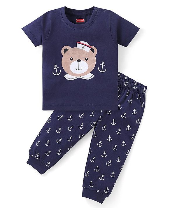 Babyhug Cotton Knit Single Jersey Half Sleeve Night Suit  with Teddy Bear Print - Navy Blue