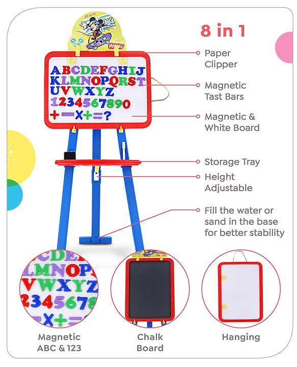Babyhug Disney Mickey Mouse 8-in-1 Easel Board - Multicolor | Magnetic Whiteboard & Chalkboard with Alpha & Numric | Hight Adjustable | Enhances Learning & Creativity | Multicolor |BIS Certified