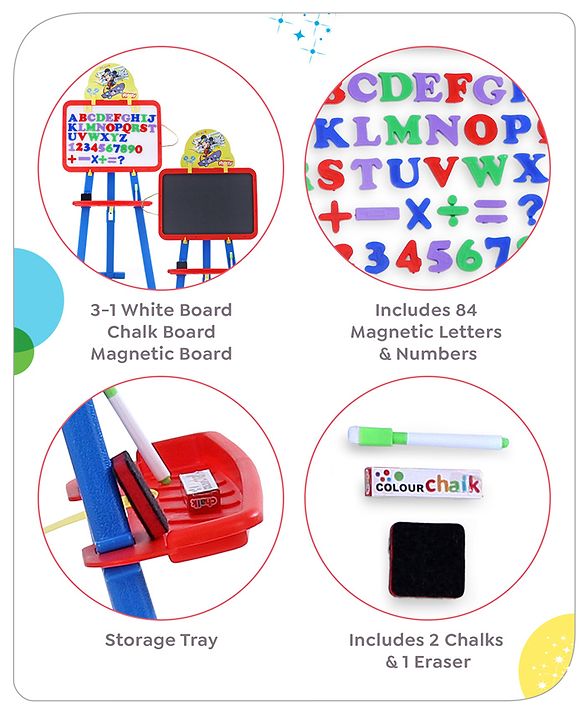 Babyhug Disney Mickey Mouse 8-in-1 Easel Board - Multicolor | Magnetic Whiteboard & Chalkboard with Alpha & Numric | Hight Adjustable | Enhances Learning & Creativity | Multicolor |BIS Certified