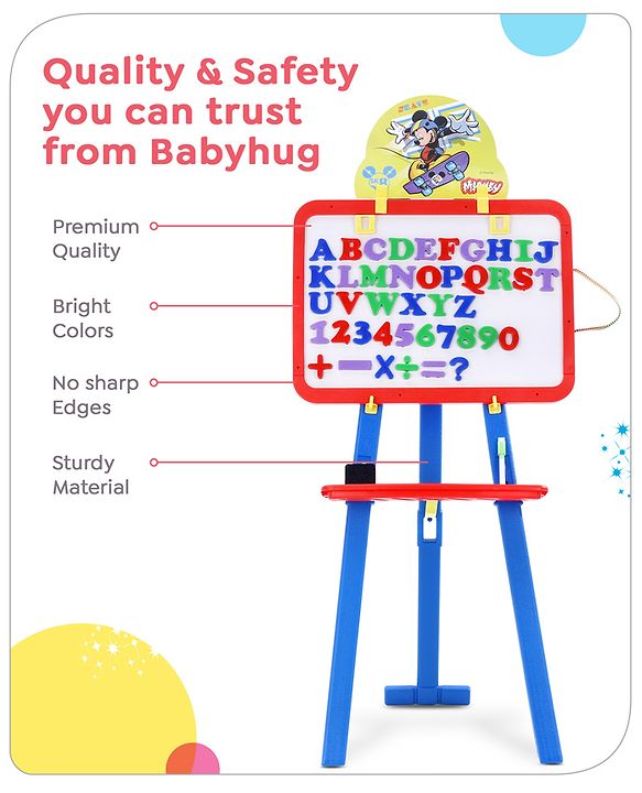 Babyhug Disney Mickey Mouse 8-in-1 Easel Board - Multicolor | Magnetic Whiteboard & Chalkboard with Alpha & Numric | Hight Adjustable | Enhances Learning & Creativity | Multicolor |BIS Certified