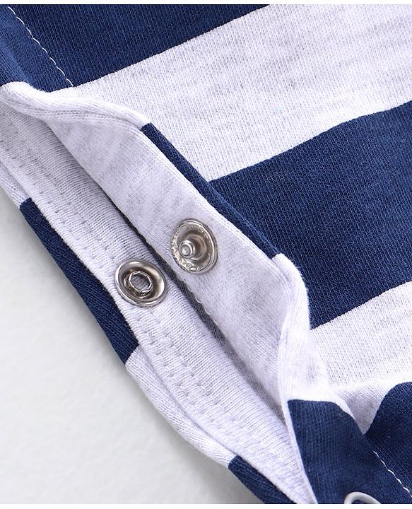 Babyhug Single Jersey Full Sleeves Striped Sleepsuit Fox Print - Navy Blue & White