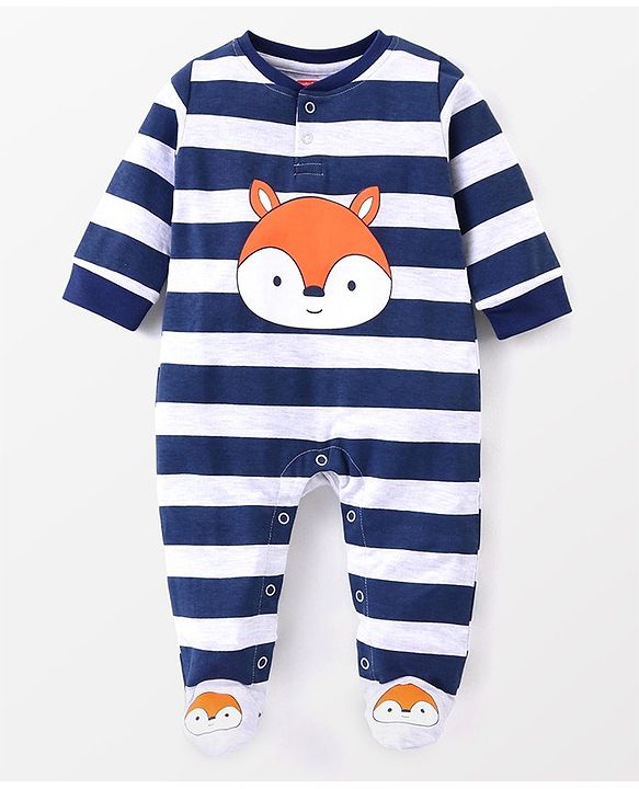 Babyhug Single Jersey Full Sleeves Striped Sleepsuit Fox Print - Navy Blue & White
