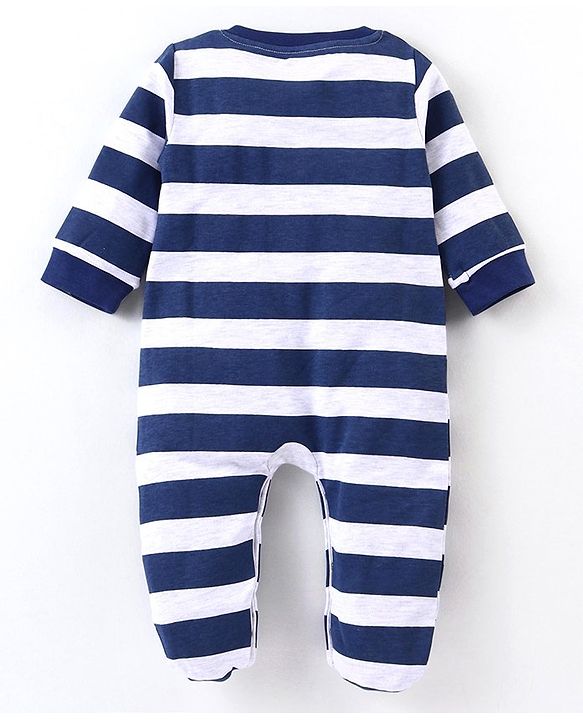 Babyhug Single Jersey Full Sleeves Striped Sleepsuit Fox Print - Navy Blue & White