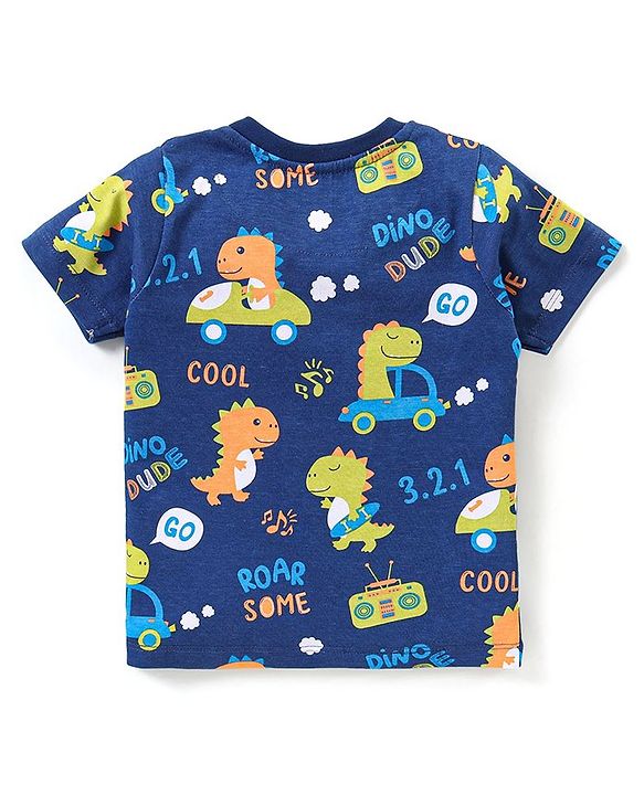Babyhug Cotton Knit Half Sleeves Dino Print Night Suit - Navy Blue