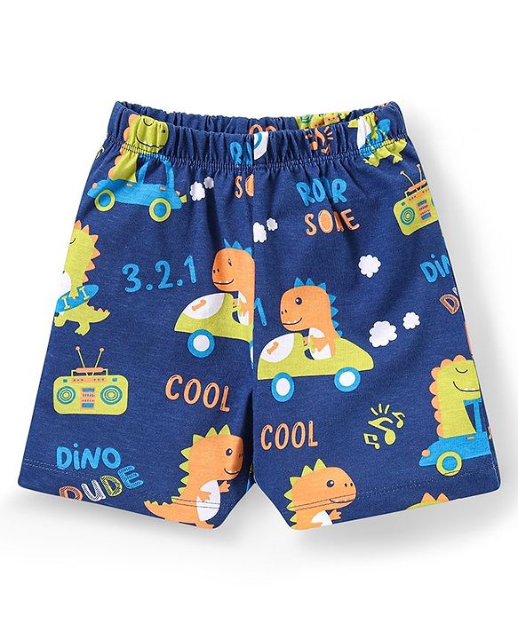 Babyhug Cotton Knit Half Sleeves Dino Print Night Suit - Navy Blue