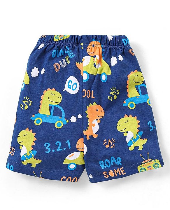 Babyhug Cotton Knit Half Sleeves Dino Print Night Suit - Navy Blue