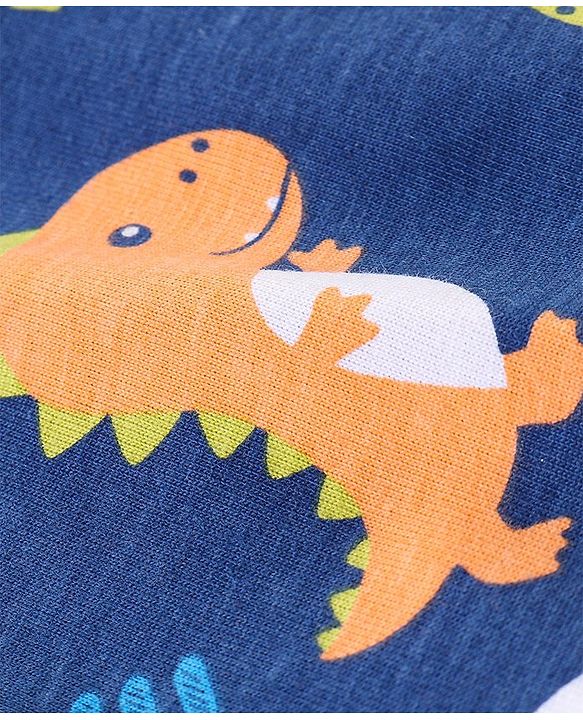 Babyhug Cotton Knit Half Sleeves Dino Print Night Suit - Navy Blue