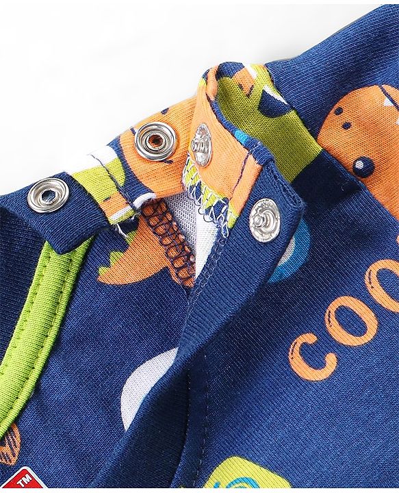 Babyhug Cotton Knit Half Sleeves Dino Print Night Suit - Navy Blue