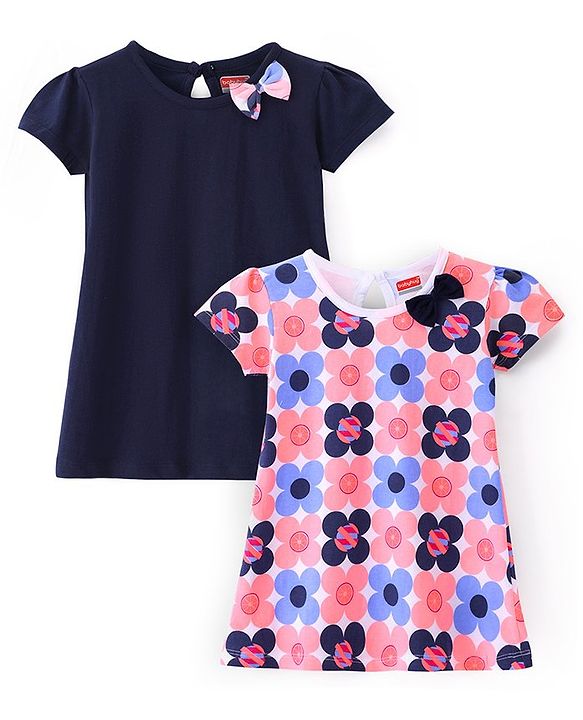 Babyhug Single Jersey Knit Half Sleeves Frocks with Floral Print & Bow Applique Pack of 2 - Navy & Pink