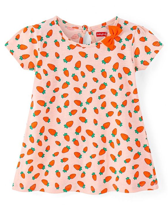 Babyhug Single Jersey Knit Half Sleeves Solid & Carrot Printed Frocks with Bow Applique Pack of 2 - Orange & Pink