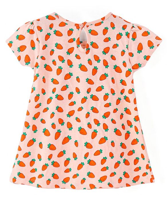 Babyhug Single Jersey Knit Half Sleeves Solid & Carrot Printed Frocks with Bow Applique Pack of 2 - Orange & Pink