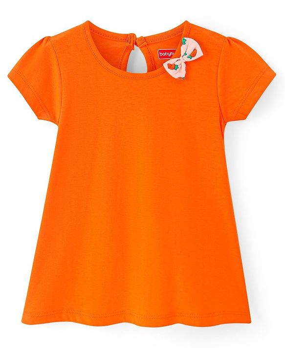 Babyhug Single Jersey Knit Half Sleeves Solid & Carrot Printed Frocks with Bow Applique Pack of 2 - Orange & Pink