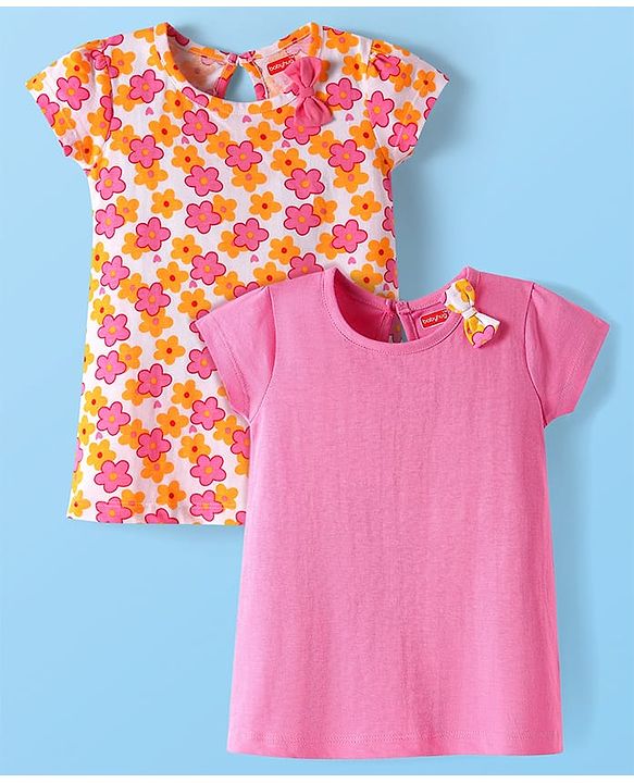 Babyhug Single Jersey Knit Half Sleeves Frocks With Floral Print & Bow Applique Pack of 2 - Yellow & Pink