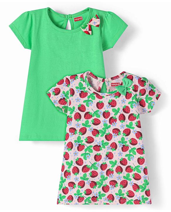 Babyhug Single Jersey Knit Half Sleeves Strawberry Printed Frocks Pack of 2 - Green & Pink