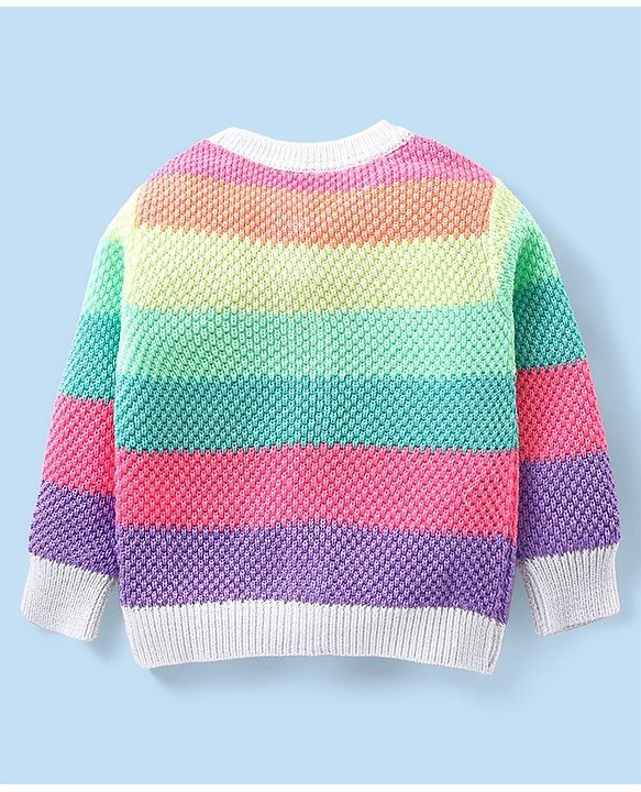 Babyhug Knitted Full Sleeves Front Open Striped  Sweater - Multicolour