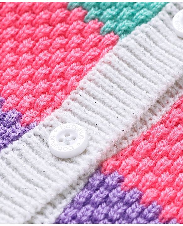 Babyhug Knitted Full Sleeves Front Open Striped  Sweater - Multicolour