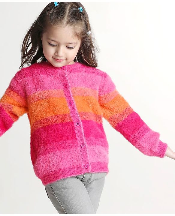Babyhug Knitted Full Sleeves Striped Front Open Sweater- Multicolor